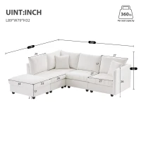 89" x 79" Modern Sectional Sofa with Vertical Stripes and 2 Pillows, 5-Seat Couch with Convertible Ottoman, for Living Room, White(m-3)