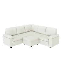 84" x 84" Modern Velvet Sectional Sofa Set with Ottoman and Armrest Pillow, 6-Seat Furniture for Living Room, 84″ L x 84″ W x 35″ H, Beige(m-9)