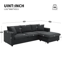 Modern L-Shaped 4-Seat Polyester Fabric Sectional Sofa Set with Convertible Ottoman and 2 Free Pillows, for Living Room, Black(m-3)