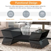 Vinsetto Glass-Top Coffee Table with Open Shelves and Cabinets, Geometric Style, 2-Tier Center Table for Living Room, 45" L x 22" W x 15" H, Black(m-5)