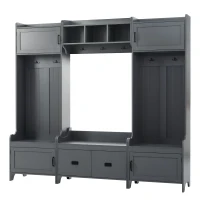 Vinsetto Modern 4-in-1 Hall Tree with Coat Rack, Storage Bench, Entryway Shelf, 7 Metal Hooks, and 4 Cabinets, 78.5" L x 15" W x 72" H, Grey(m-12)