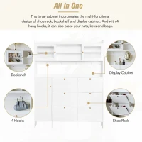 Multifunctional Shoe Cabinet with Storage Shelf, 6 Drawers, 4 Hooks and Tempered Glass Doors, Modern Hall Tree, 62" L x 7" W x 82" H, White(m-8)