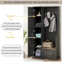 Hall Tree with Flip-Up Bench, Adjustable Shelves, and Hanging Hooks for Entryways,36" L x 15.5" W x 70.5" H, Black(m-7)