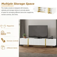 Luxury Fluted TV Stand with Storage Cabinets & Drawers, Smooth Media Console with Golden Wood Grain Legs, 75" L x 14" W x 18" H, White(m-7)