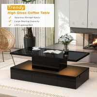 Vinsetto Modern Glossy 2-Tier Rectangle Coffee Table with Drawer, LED Lighting, Center Table for Living Room, 39.5" L x 19.5" W x 15.5" H, Black(m-7)