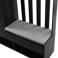 Contemporary Hall Tree with Cushioned Storage Bench, Multifunctional Coat Rack Stand, with Pegboard and 4 Hooks, 39.5" L x 12" W x 71" H, Black(m-10)