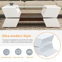 Glass-Top Coffee Table with Open Shelves and Cabinets, Geometric Style, 2-Tier Center Table for Living Room, 45" L x 22" W x 15" H, White(m-5)
