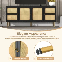 Vinsetto Boho Style TV Stand for TVs Up to 70" with Rattan Door, Media Console Table, Metal Base, Country Style Sideboard, 65" L x 17" W x 28" H, Black(m-5)