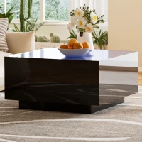Square High Glossy Coffee Table with 16-Color LED Strip Lights, 0.2'' Glass Top, Modern Center Table for Living Room, 27.5" L x 27.5" W x 14" H, Black(m-4)