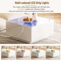 Square High Glossy Coffee Table with 16-Color LED Strip Lights, 0.2'' Glass Top, Modern Center Table for Living Room, 27.5" L x 27.5" W x 14" H, White(m-5)