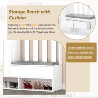 Contemporary Hall Tree with Cushioned Storage Bench, Multifunctional Coat Rack Stand, with Pegboard and 4 Hooks, 39.5" L x 12" W x 71" H, White(m-6)
