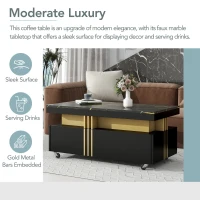 Vinsetto Contemporary Coffee Table with Faux Marble Top, Rectangle Cocktail Table with Caster Wheels, Gold Metal Bars, 39.5" L x 20" W x 17.5" H, Black(m-5)