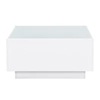 Square High Glossy Coffee Table with 16-Color LED Strip Lights, 0.2'' Glass Top, Modern Center Table for Living Room, 27.5" L x 27.5" W x 14" H, White(m-12)