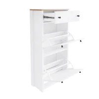 Functional Shoe Cabinet with 2 Flip Drawers, Adjustable Shoe Rack, Wood Grain Top, and Extra Storage, 24" L x 9.5" W x 47.5" H, White(m-11)