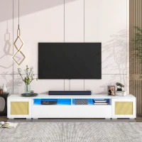 Vinsetto Modern TV Stand Fits TVs Up to 90" with Push to Open Doors, LED Lights, Rattan Style Entertainment Center, 82.5" L x 15.5" W x 14" H, White(m-4)