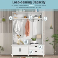 Modern Hall Tree with Storage Cabinet and 2 Large Drawers, Wide Mudroom Bench with 5 Coat Hooks, 59" L x 16" W x 80.5" H, White(m-9)