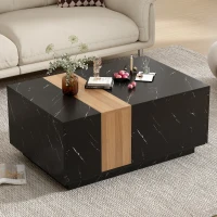 Vinsetto Modern Coffee Table with Faux Marble and Walnut Finish, Rectangular Center Table with 2 Storage Drawers for Living Room, Black(m-1)