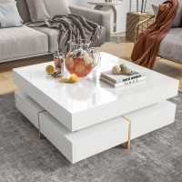 Vinsetto Modern High Gloss Coffee Table with 4 Drawers, Multi-Storage Square Cocktail Tea Table with Wood Grain Legs, 31.5''x31.5'', White