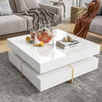 Modern High Gloss Coffee Table with 4 Drawers, Multi-Storage Square Cocktail Tea Table with Wood Grain Legs, 31.5''x31.5'', White(m-1)