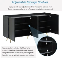 Storage Shoe Cabinet with 5 Metal Legs, Gold Lines Doors, Minimalist Sideboard Cabinet, Modern TV Stand, 63" L x 15" W x 31.5" H, Black(m-7)