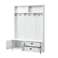 Modern Hall Tree with Storage Cabinet and 2 Large Drawers, Wide Mudroom Bench with 5 Coat Hooks, 59" L x 16" W x 80.5" H, White(m-12)