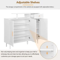 Elegant Shoe Cabinet with Arched Doors and Drawer, Adjustable Shelves, Solid Wood Legs, 47.5" L x 14.5" W x 43.5" H, White(m-7)