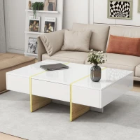 Minimalist High Gloss Coffee Table with 2 Drawers, Storage Rectangle Sofa Table, with Golden Wood Legs, 47" L x 31.5" W x 15.5" H, White(m-1)