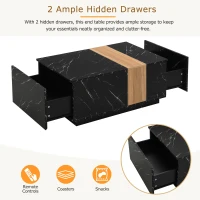 Vinsetto Modern Coffee Table with Faux Marble and Walnut Finish, Rectangular Center Table with 2 Storage Drawers for Living Room, Black(m-8)