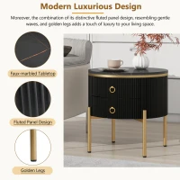 Vinsetto Round End Table with Storage Drawers, Modern Faux Marble Tabletop, Metal Legs and Handles, Black+Gold(m-5)