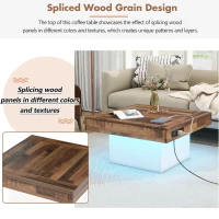 Farmhouse Wood Coffee Table with 2 USB Ports and Outlets, LED Light, Anti-Slip Foot Pads, Spliced Wood Grain, 31.5" L x 31.5" W x 16.5" H, White(m-8)