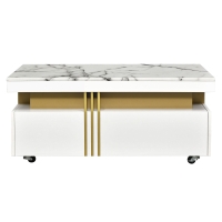 Vinsetto Contemporary Coffee Table with Faux Marble Top, Rectangle Cocktail Table with Caster Wheels and Two Drawers, 39.5" L x 20" W x 17.5" H, White