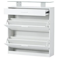 Shoe Cabinet with 2 Flip Drawers and Adjustable Shoe Storage, Tempered Glass Top, LED Light, 35" L x 9.5" W x 41" H, White(m-11)