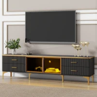 Vinsetto Stylish LED TV Stand with Marble-veined Table Top for TVs Up to 78", Entertainment Center with Glass Storage Cabinet and Golden Legs, Gold+Black(m-4)