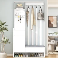 Contemporary Hall Tree with Cushioned Storage Bench, Multifunctional Coat Rack Stand, with Pegboard and 4 Hooks, 39.5" L x 12" W x 71" H, White(m-1)