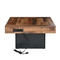 Farmhouse Wood Coffee Table with 2 USB Ports and Outlets, LED Light, Anti-Slip Foot Pads, Spliced Wood Grain, 31.5" L x 31.5" W x 16.5" H, Black(m-2)