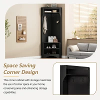 Minimalist Corner Hall Tree with Shoe Bench, 4 Hooks and Adjustable Shelf, Versatile Entryway Coat Rack Stand, 29.5" L x 18" W x 71.5" H, Black(m-4)