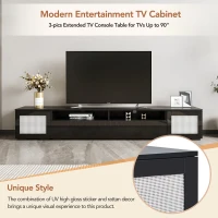 Vinsetto Modern TV Stand Fits TVs Up to 90" with Push to Open Doors, LED Lights, Rattan Style Entertainment Center, 82.5" L x 15.5" W x 14" H, Black(m-5)
