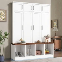 Vinsetto Multi-Functional Hall Tree with 4 Hidden Hanging Hooks, Brown Wood Grain Bench, Multiple Storage Spaces, 59" L x 15.5" W x 75" H, White(m-1)