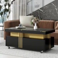 Vinsetto Contemporary Coffee Table with Faux Marble Top, Rectangle Cocktail Table with Caster Wheels, Gold Metal Bars, 39.5" L x 20" W x 17.5" H, Black(m-4)