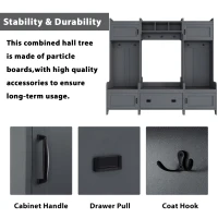 Vinsetto Modern 4-in-1 Hall Tree with Coat Rack, Storage Bench, Entryway Shelf, 7 Metal Hooks, and 4 Cabinets, 78.5" L x 15" W x 72" H, Grey(m-8)