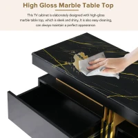 Vinsetto Luxury TV Stand with High Gloss Faux Marble Top for TVs Up to 78", Media Console with Golden Panel Design and 3 Drawers, Black+Gold(m-7)
