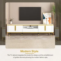 Luxury Minimalism TV Stand with Open Storage Shelf for TVs Up to 85", Entertainment Center with Cabinets and Drawers, White+Gold(m-5)