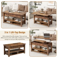Lift Top Coffee Table with Multi-Functional Open Shelves, Modern Lift Tabletop Dining Table for Living Room, Home Office, Rustic Brown(m-7)