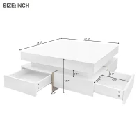 Modern High Gloss Coffee Table with 4 Drawers, Multi-Storage Square Cocktail Tea Table with Wood Grain Legs, 31.5''x31.5'', White(m-3)