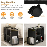 Mobile End Table with Lockable Wheels, Fluted Tempered Glass, Golden Round Rod, Side Table for Living room, 31.5" L x 12" W x 23" H, Black(m-5)