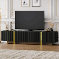 Luxury Fluted TV Stand with Storage Cabinets & Drawers, Smooth Media Console with Golden Wood Grain Legs, 75" L x 14" W x 18" H, Black(m-1)
