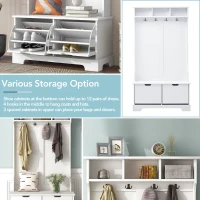 Vinsetto All-in-One Hall Tree with 3 Top Shelves, 2 Flip Shoe Storage Drawers, Storage Bench, and Metal Hanging Hooks, 39.5" L x 18" W x 71" H, White(m-6)