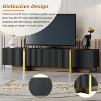 Luxury Fluted TV Stand with Storage Cabinets & Drawers, Smooth Media Console with Golden Wood Grain Legs, 75" L x 14" W x 18" H, Black(m-5)