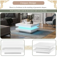 Vinsetto High Gloss Minimalist Coffee Table with LED Lights, 2-Tier Square Center Table for Living Room, 31.5" L x 31.5" W x 14" H, White(m-6)