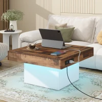 Farmhouse Wood Coffee Table with 2 USB Ports and Outlets, LED Light, Anti-Slip Foot Pads, Spliced Wood Grain, 31.5" L x 31.5" W x 16.5" H, White(m-4)
